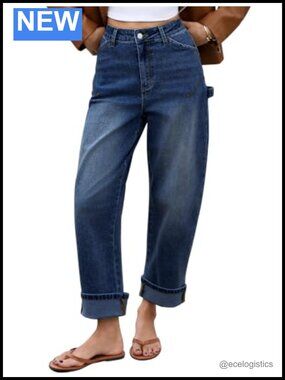 Mid-Rise Roll-Up Barrel Jeans with Pockets - Wide Leg Y2K Trendy Denim